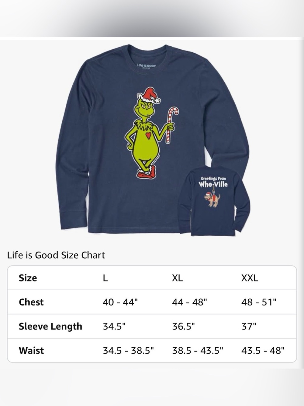 Life Is Good Navy Long-Sleeve Tee with Green Grinch Graphic - Picture 6 of 7